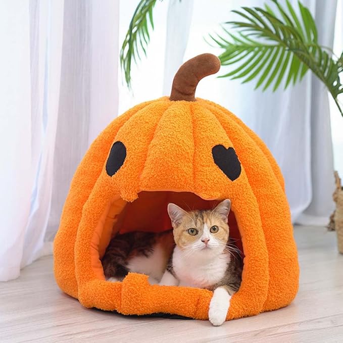 Cute Pumpkin Cat Bed for Indoor Cats，Pumpkin Shape Cat House with Removable Washable Cushioned Pillow，Cat Cave Bed Cat Tent for Puppy and Kitten (A-Orange,16 in)