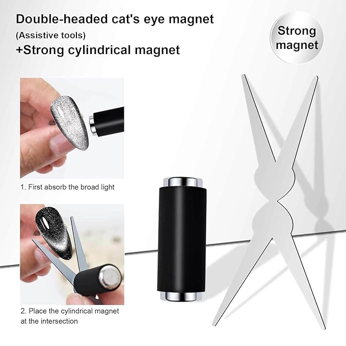 Cat Eye Gel Polish Double-Head Magnet Wand + Y Shaped Iron for French Cat Eye Effect Black Strong Cylinder Magnet Cat Eye Magnetic Bar for Home Salon Nail Art Tools