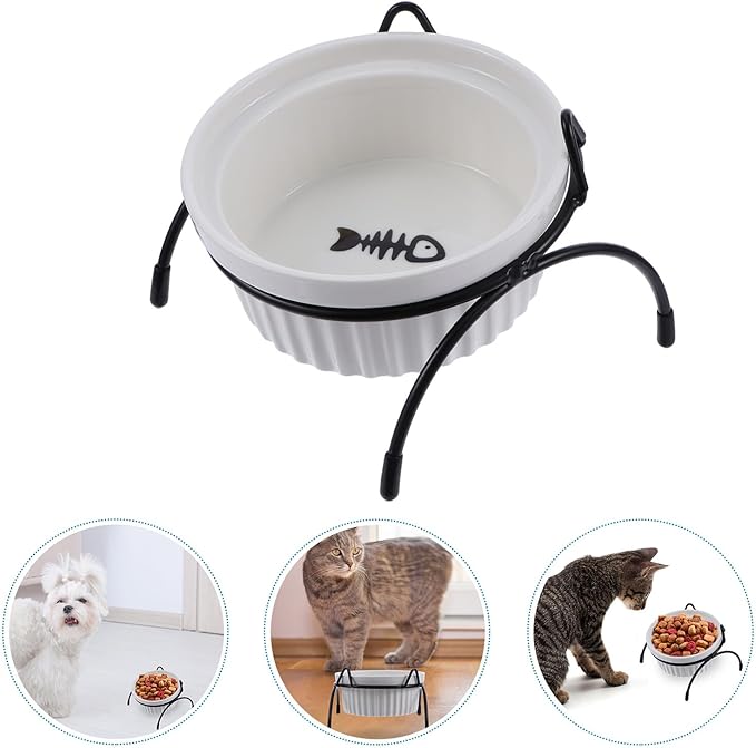 Milisten Ceramic Cat Food Bowl and Raised Iron Stand Set, Neck Protection Pet Feeding Bowls, White Fishbone Ceramic Dish with Black Cat Ear Holder, Suitable for Cats’ Mealtime