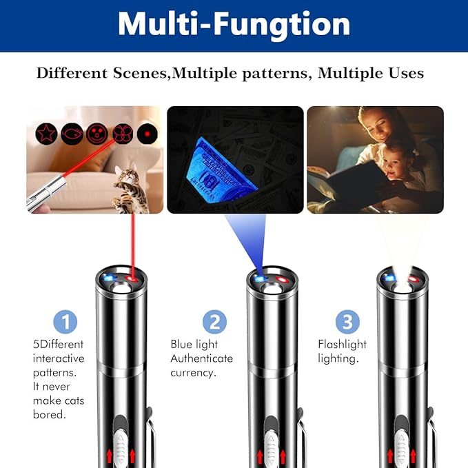 Rumcut Laser Pointer Cat Toys, Cat Laser Pointer Toy with Three Light Modes, Five Adjustable Patterns,USB Portable Charging, Interactive cat Toy Multifunctional and Portable(2Pcs)