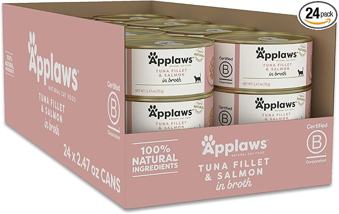 Applaws Natural Wet Cat Food in Broth, Limited Ingredient Canned Wet Cat Food, No Additives, Made with Natural Ingredients, Tuna Fillet with Salmon in Broth (24 x 2.47oz Cans)
