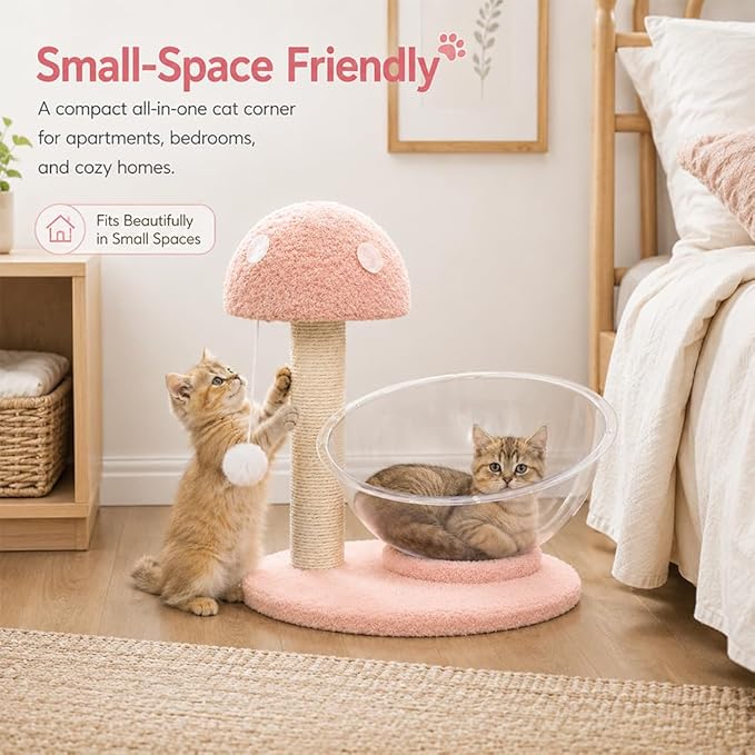 Mushroom Cat Tree for Kittens and Small Cats, 14.17" Cat Scratching Post with Clear Bowl Bed, Pink Sisal Scratcher with Pom Pom Toy, Stable Plush Base, Easy Assembly for Indoor Cats