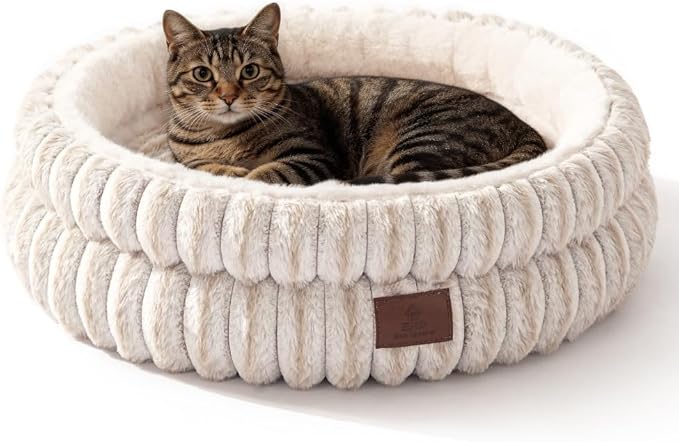 SOMAHE Cat Bed, Round Plush Faux Fur Donut Cuddler – Machine Washable Calming Cat Bed for Indoor Cats & Kittens, Removable Cushion Non-Slip Fluffy Kitten Bed, Cozy Small Cat Nest, 20" Inch White