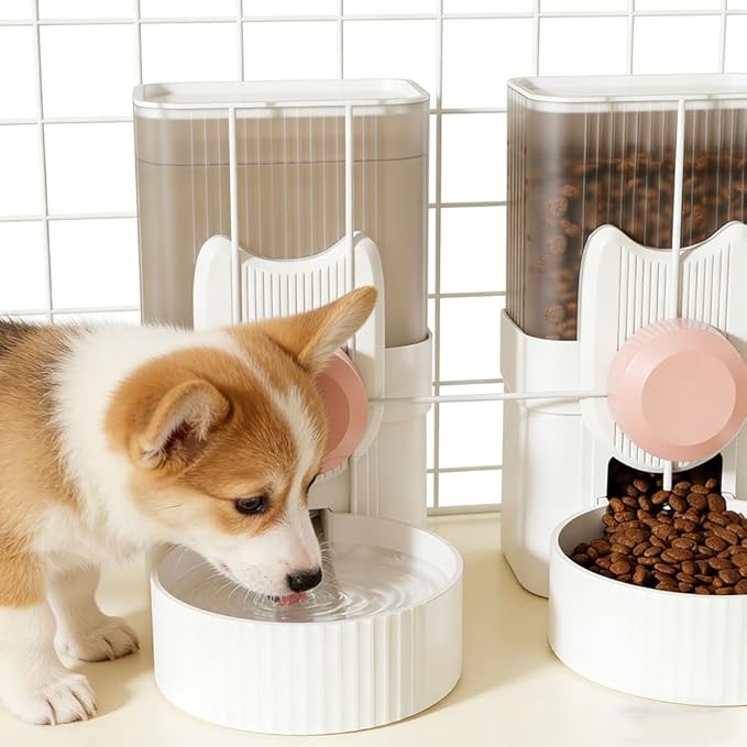 Pet Dog Cat Hanging Automatic Feeder and Water Dispenser Set, 2-in-1 Gravity Pet Food & Water Bowl for Cage, No-Spill Small Dog Rabbit Food Dispenser (Pink)