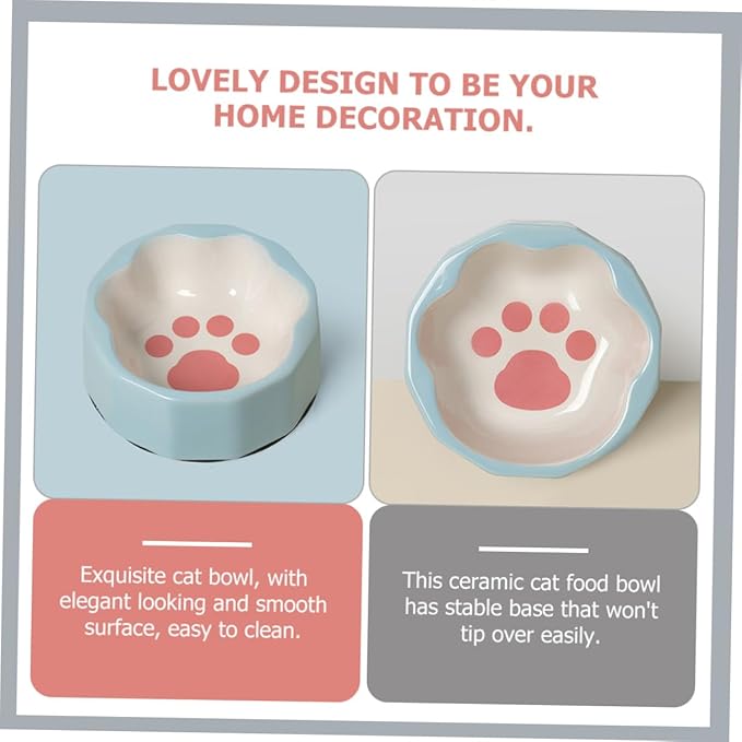 TOYANDONA Ceramic Pet Bowl Tilted Cat Dish Small Blue Slanted Dog Feeder Bowl with Animal Paw Print for Cats and Dogs Feeding and Watering Supplies