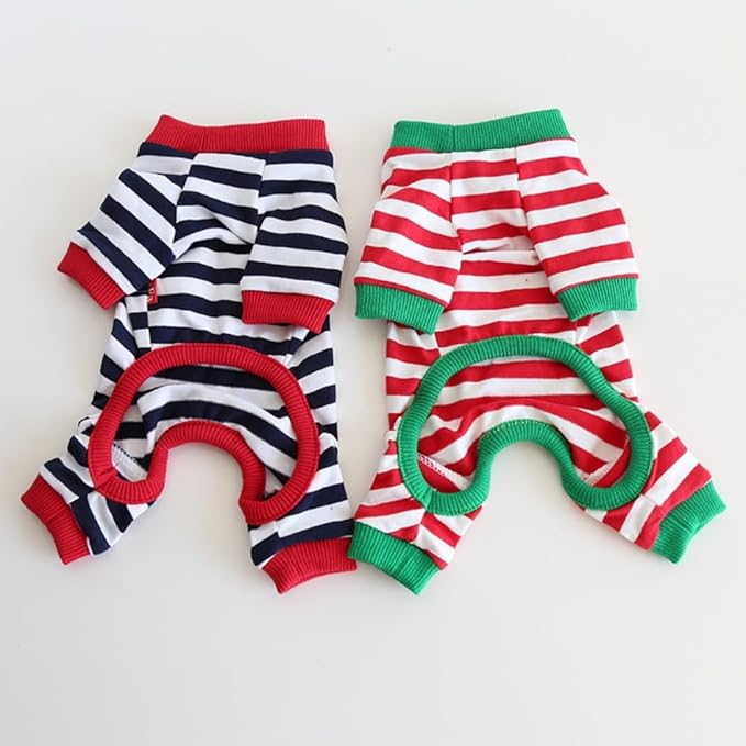 Hdwk&Hped Soft Cotton Dog Pajamas for All Seasons, Striped Solid Pet Bottoming Jumpsuit for Small Dog Cat Puppy 3 Styles (Christmas Style 2-Pack, #1)