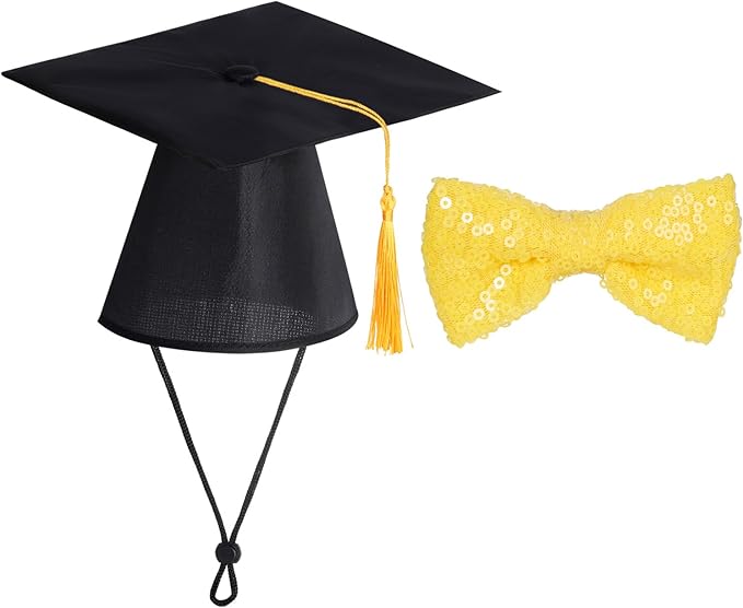 Pet Graduation Cap and Bowtie Set, Adjustable Dog Cat Graduation Hat with Gold Sequin Bowtie for Graduation Party Costume Accessory