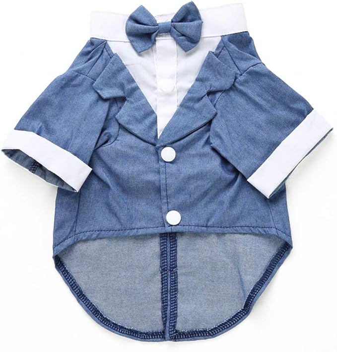GabeFish Pets Wedding Jackets Suit for Dogs with Bow Tie Puppy Cat Formal Clothes Shirt Tuxedo (Blue, M (Chest 15.3in/39cm)