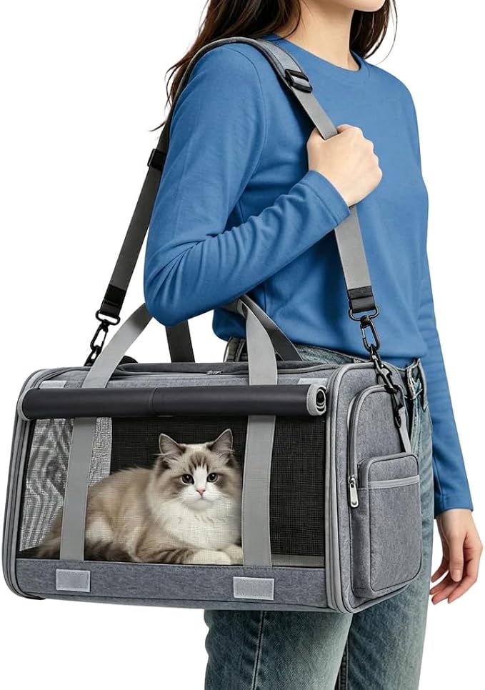 Pet Carrier for Medium-Small Cats, Collapsible Cat Carrier and Soft-Sided Pet Carrier for Cats and Small Dog Up to 17lbs, Stress-Free Travel with Privacy Cover, Travel Bag L18.9”X11.42”X11.42”