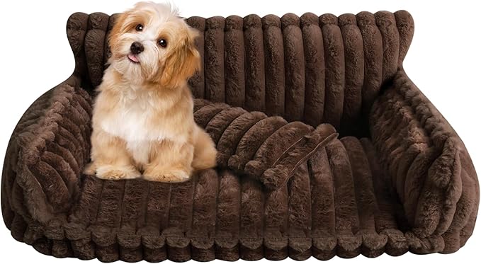 Plush Pet Couch, Soft Cat Bed with Bolster, Comfortable Pet Sofa for Indoor Lounging, Washable Cover, Large Size, Perfect for Medium to Large Breeds (Dark Brown)