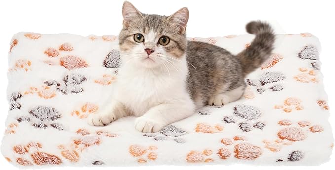Dog Cat Bed Mat, Soft Coral Fleece Pet Cushion Pad with Cute Paw Print, Warm Washable Pet Bed 13x10 Inches, (White), Intended for Medium Small Dog Cat