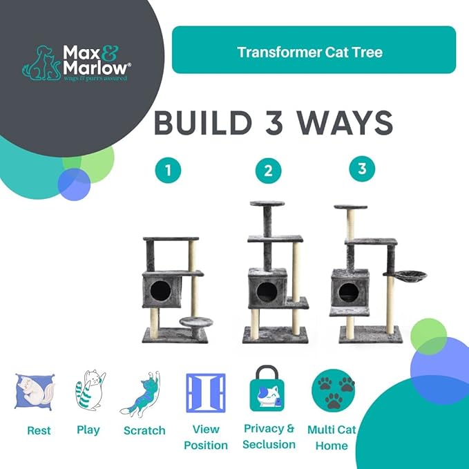 Max & Marlow 3-in-1 Cat Tree Condo Up to 50" | Transforming Cat Activity Tree & Condo | 3 Different Ways to Set Up, Gray,4070201