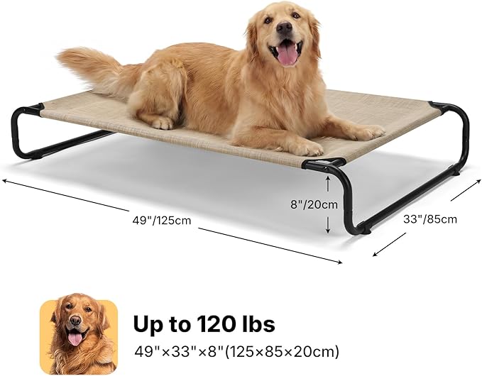 Veehoo Cooling Elevated Dog Bed, Outdoor Dog Bed for Large Dogs, Raised Dog Cot with Thickened Frame, Durable Teslin Mesh & Anti-Slip Rubber Feet, Pet Hammock for Indoor or Camping, 49" x 33", Beige
