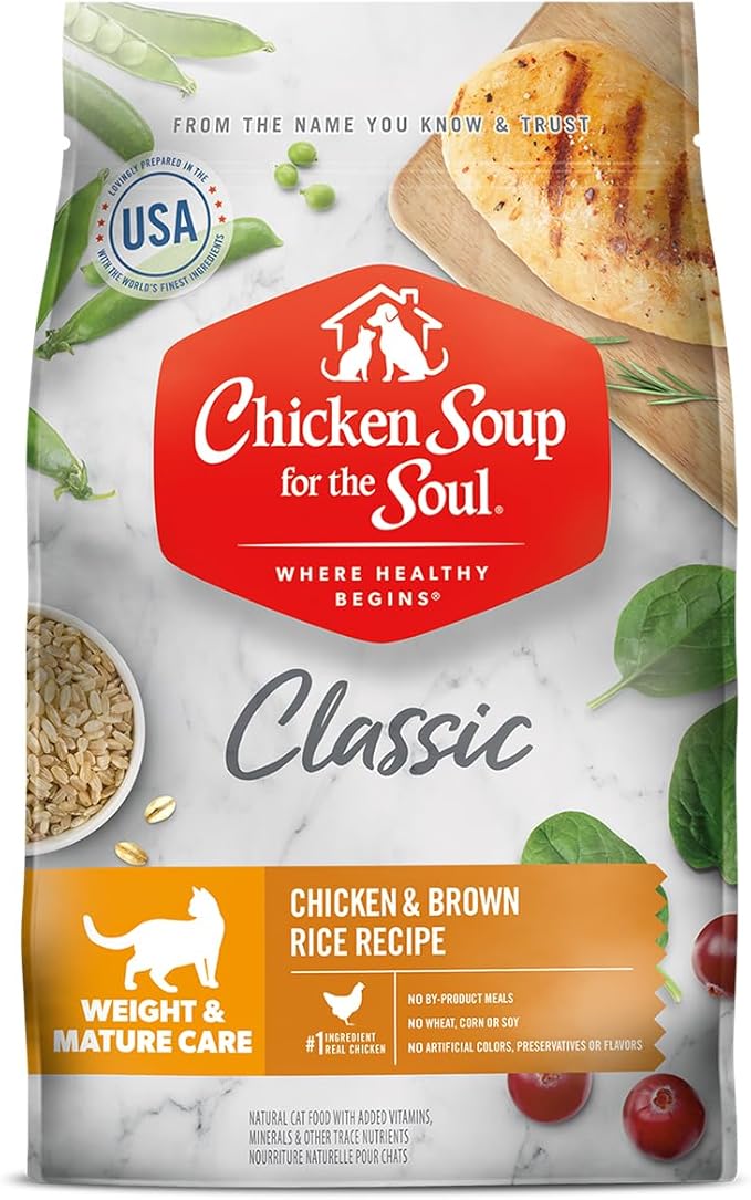 Chicken Soup for The Soul All Natural Premium Weight & Mature/Senior Dry Cat Food, Real Meat First Ingredient, No by-Products, Hi Fiber/Low Fat Support Ideal Weight, Chicken & Brown Rice, 12lb