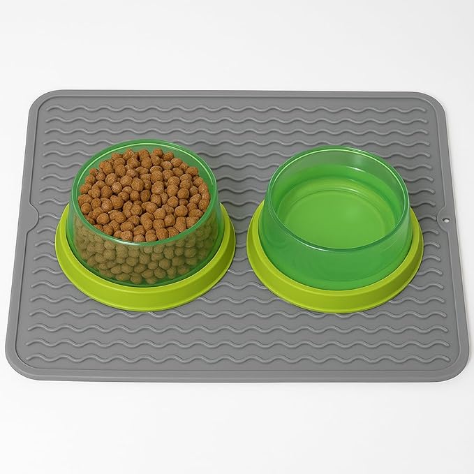Silicone Pet Feeding Mat for Dogs, Cats, Small Animals, Non-Slip Waterproof Food and Water Mat with Raised Edge, BPA-Free Convenient Hook Storage by Dependable Industries (Gray, 12 x 16 inch)