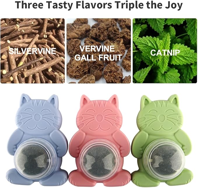 Natural Catnip Toys for Indoor Cats Cat Nip Balls Stick on Wall, 3Pcs, 1 Catnip, 1 Silvervine, and 1 Gall Fruit Ball