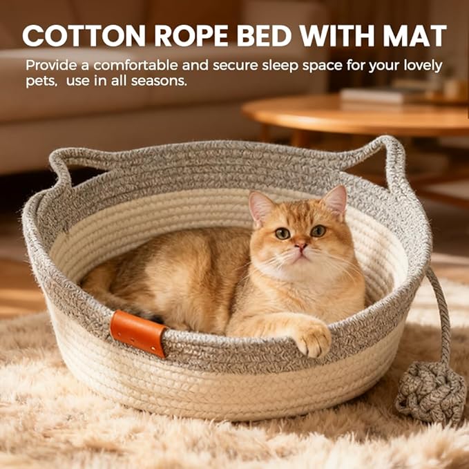 Cotton Rope Woven Cat Basket, Pets Hand Woven Cotton Bed Basket, Round Cat Sleeping Nest with Built-in Scratching Pad and Play Ball for Cats and Dogs All-Season (Green-B, Medium)