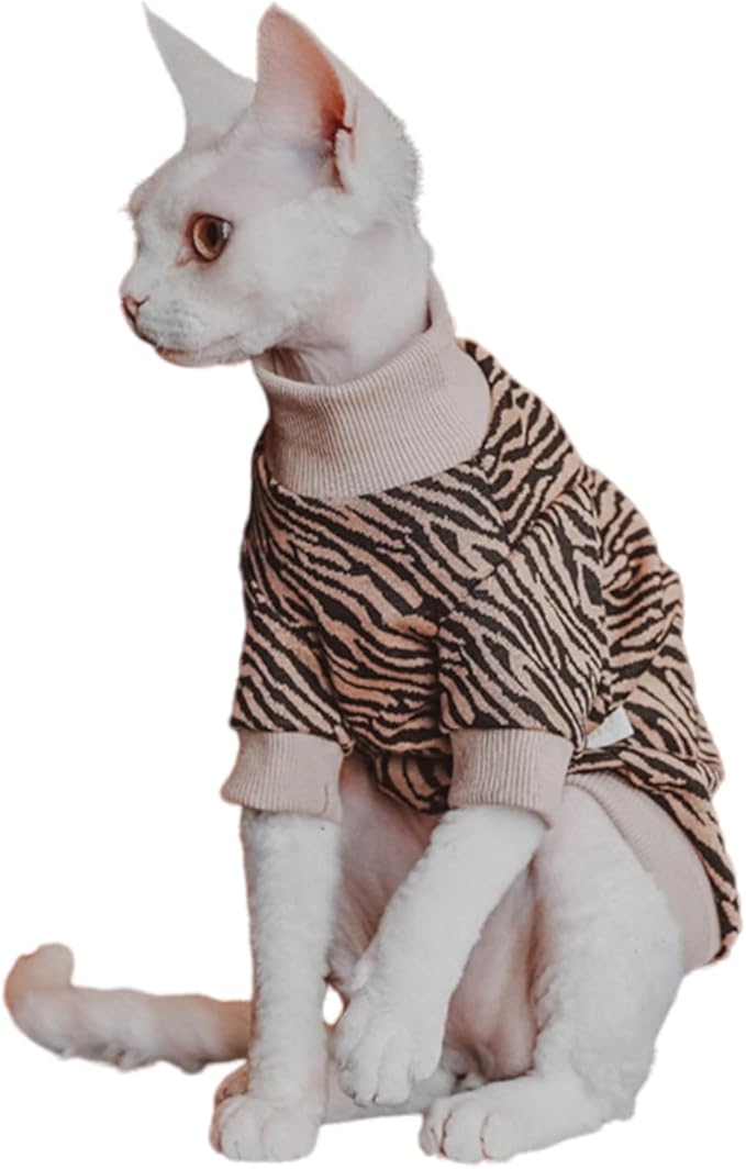 Vintage Mulan Cotton Sphynx Hairless Cats Shirt Cat Turtleneck Pet Clothes Kitten T-Shirts with Sleeves for Sphynx Cornish Rex, Devon Rex, Peterbald (Small, Zebra)
