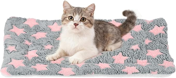 Dog Cat Bed Mat, Soft Coral Fleece Pet Cushion Pad with Cute Star Print, Warm Washable Pet Bed 21x14 Inches, (Gray Pink), Intended for Medium Small Dog Cat