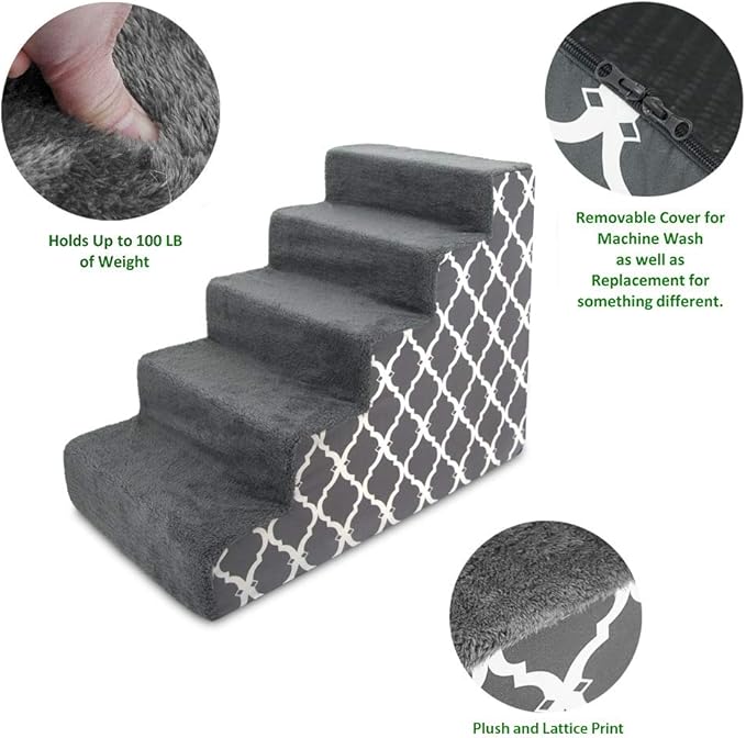 Best Pet Supplies Dog Stairs & Steps - Foam Steps for Small Dogs & Cats, Non-Slip Indoor Balanced Pet Step Support, Dog Ramp, No Assembly, Gray Lattice Print, 5-Step