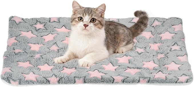 Dog Cat Bed Mat, Soft Coral Fleece Pet Cushion Pad with Cute Star Print, Warm Washable Pet Bed 23x18 Inches, (Gray Pink), Intended for Medium Small Dog Cat