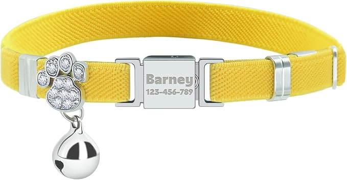 Personalized Safety Elastic Cat Collars with Bell,Laser Customized Stretch Kitten Collars for Girls Boys Cats-Yellow