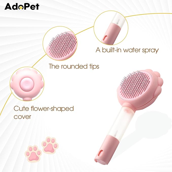 Pet Grooming Brush – Cat Paw Design Self-Cleaning Slicker with Water Spray, Rounded Bristles for Dogs & Cats, Removes Loose Hair & Tangles