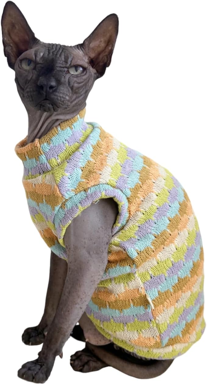 Sphynx Cat Clothes Hairless Cat Vest Elastic Cat Sweater Outfit, Pet Clothes for Sphynx Cat Coat for Cats and Small Dogs Apparel, Hairless cat Shirts Sweaters (Cyan Chestnut, Medium)