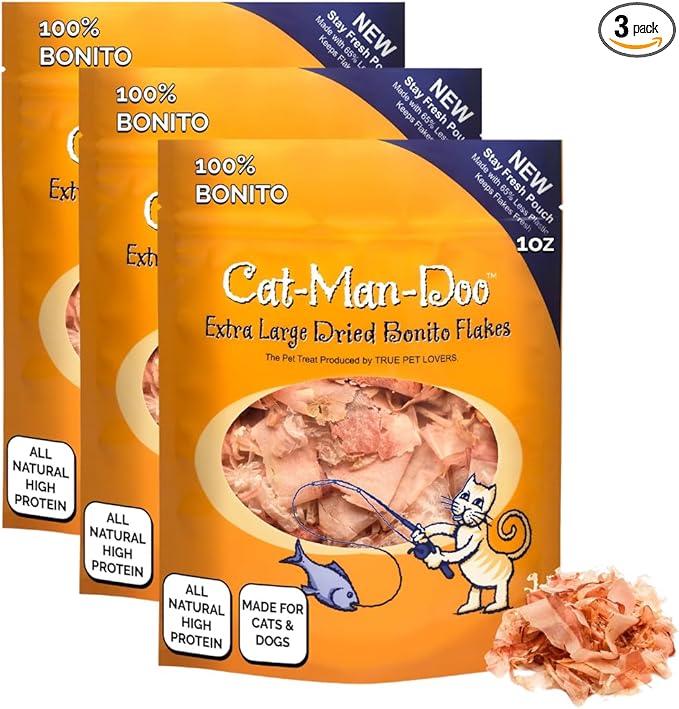 Cat-Man-Doo | Bonito - 1 oz. (3-Pack) | Bonito Fish Flakes for Cat & Dog Treats | Healthy, Single Ingredient, Treat or Food Topper, High Protein