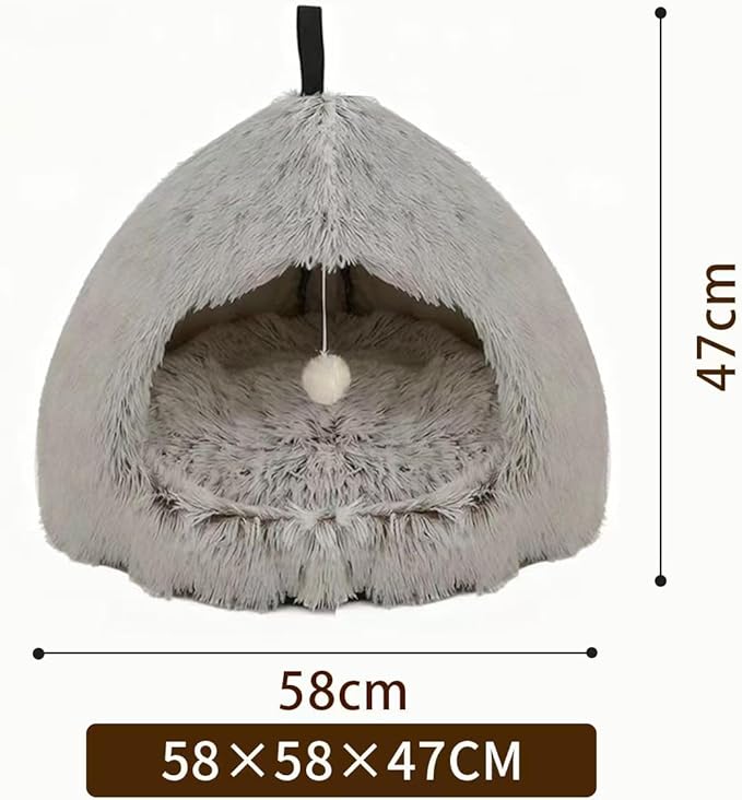 Hezotco Large Cat Cave Bed for Cats, Soft Fluff Indoor Dog Cave Bed& Cat Cave for Small Dogs. Pet Cave for Puppy with Cat Teasing Ball 22.8"*18.5"*22.8"(Coffee+White)