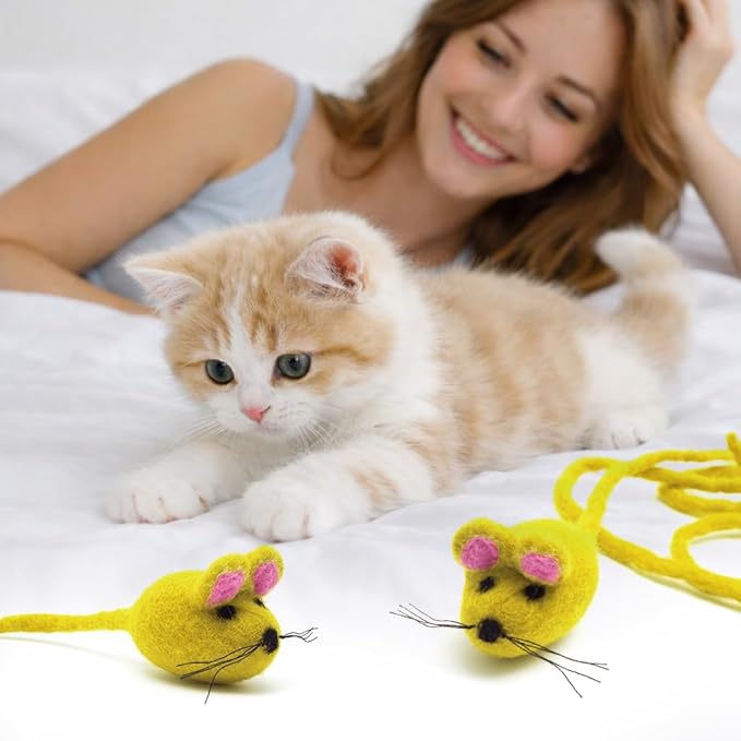 Glaciart One Felt Mouse Cat Toy – Soft Fuzzy Enrichment 100% Natural Wool - Interactive Catnip Play Cat Toy Set - Safe for Pets, Non-AZO Colored Dyes - 42” Long
