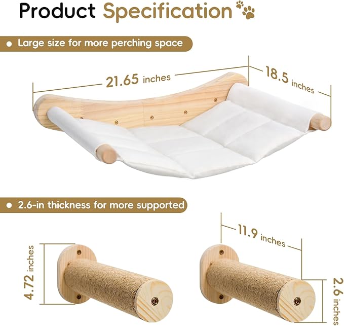 Cat Wall Hammock & Steps Set - Wall Mounted, 21 * 18 in for Large Cats - Screw-in Climbing Play Set