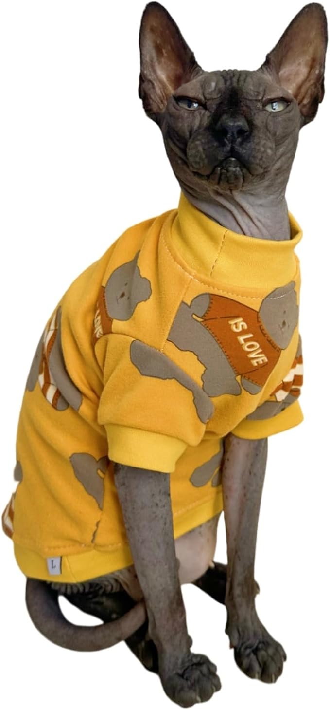 Limited Edition Sphynx Cat T-Shirts Elastic Hairless Cat Sweatshirt Pet Kitten Clothes Round Collar Kitten Shirts Vest Cats & Small Dogs Apparel (Bear, S (3.3-4.4 lbs))