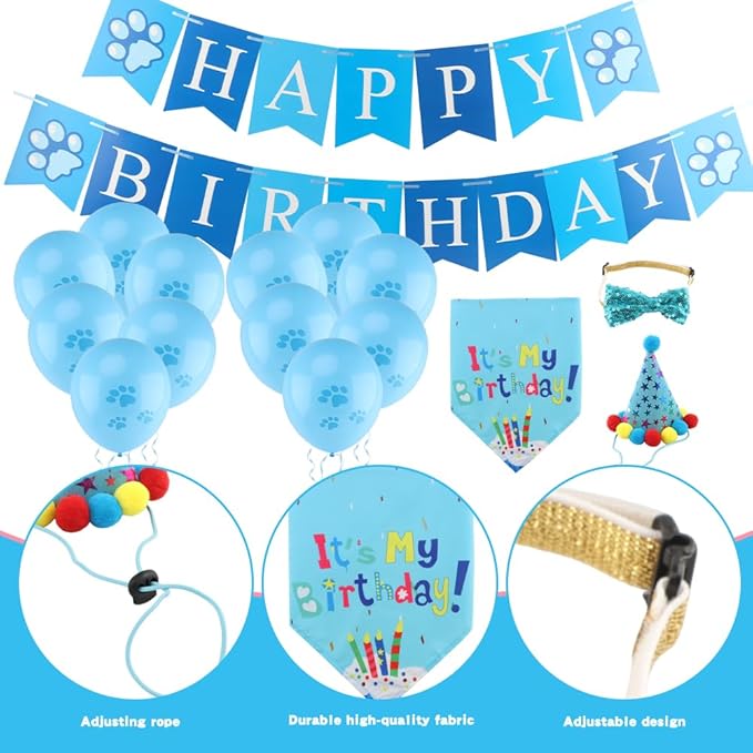 Cat Birthday Decorations Set - Cute Birthday Outfit with Hat, Bandana, Bow Tie, Balloons & Number Stickers for Kittens/Cats Party Photo Props & Festive Supplies