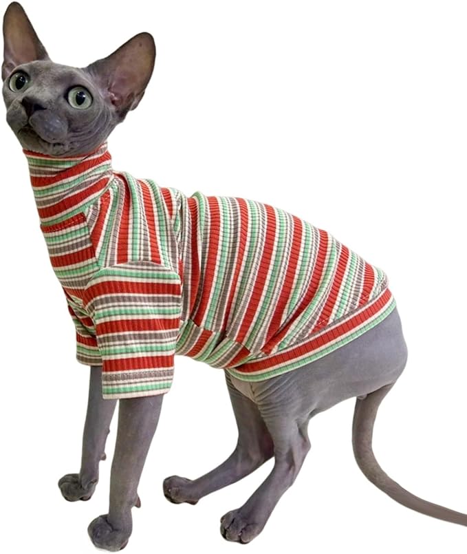Turtle Neck Vintage Stripes Sphynx Hairless Cat Cotton T-Shirts Pet Clothes Vest Kitten Shirts Sleeveless, Cats & Small Dogs Apparel (Autumn, XXL (13-16 lbs))