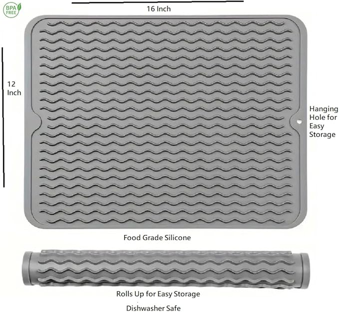 Silicone Pet Feeding Mat for Dogs, Cats, Small Animals, Non-Slip Waterproof Food and Water Mat with Raised Edge, BPA-Free Convenient Hook Storage by Dependable Industries (Gray, 12 x 16 inch)