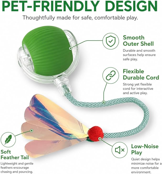 Interactive Cat Toy Ball with LED Lights – USB-C Rechargeable Automatic Cat Toy with Feather Tail for Indoor Cats & Kittens, Upgraded Version