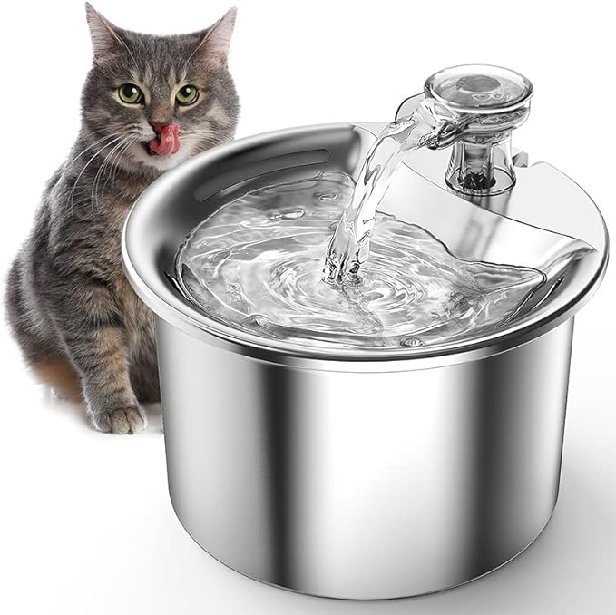 Cat Water Fountain - 67Oz/2L Automatic 304 Stainless Steel Pet Water Fountain, Ultra-Quiet Pump and 4 Replacement Filter