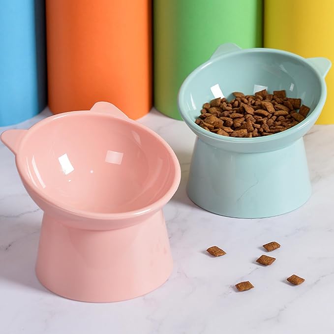 Raised Cat Food Bowl, 15° Tilted Whisker Friendly Dog Water Bowl Anti Vomiting Pet Dishes Puppy Ergonomic Feeding Set Supplies for Cats and Puppies (Pink)