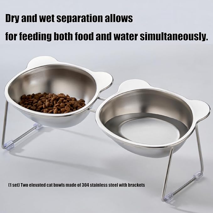 Double Bowl Elevated Cats Feeders Stainless Steel Bowls Ergonomic Feeders for Dog Health Eating Watering Stainless Steel Pet Feeding Bowls
