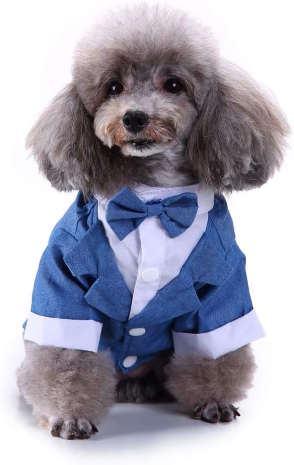 GabeFish Pets Wedding Jackets Suit for Dogs with Bow Tie Puppy Cat Formal Clothes Shirt Tuxedo (Blue, XL (Chest 18.8in/48cm)