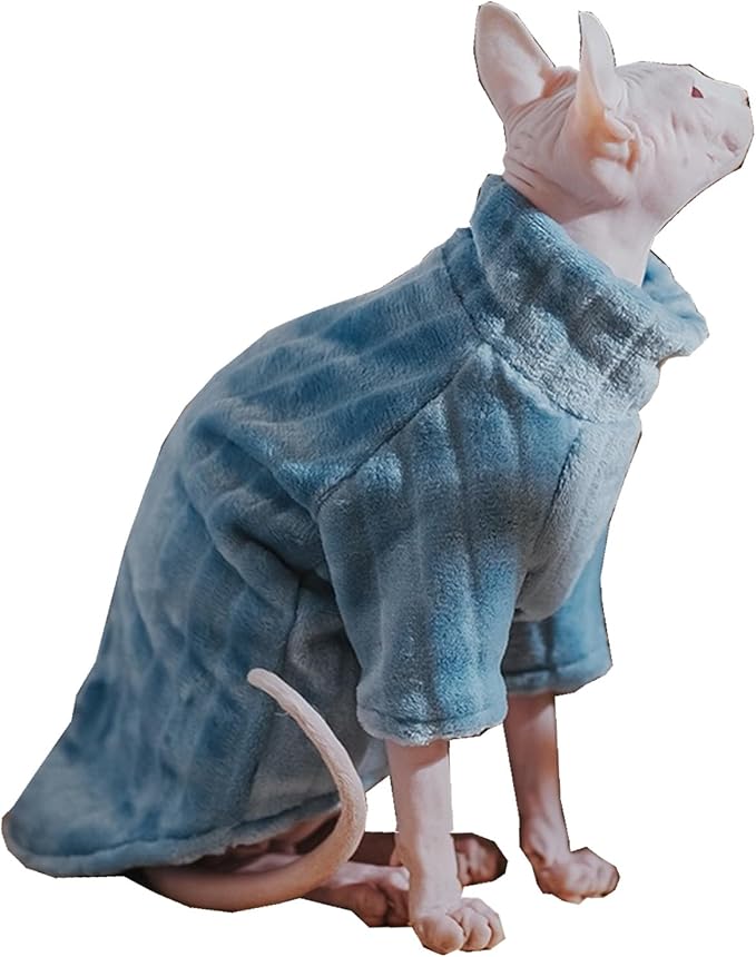 Turtleneck Sweater for Sphynx Cat Soft Coral Fleece Cat Clothes Thick Winter Warm Outfit Coat for Hairless Cats and Small Dogs Apparel with Sleeves (Blue, XL (9-13 lbs))