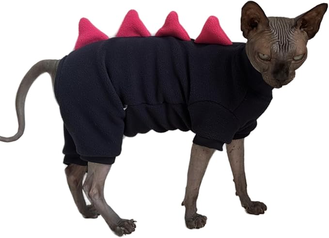 Four Leg Dinosaur Sphynx Cat Clothes Pjamas Hairless Cat Warm Polar Fleece Jumpsuit Elastic Pet Clothes for Sphynx Cat Surgery Recovery Suit Hairless Cat Shirt for Devon, Cornish (Black, Medium)