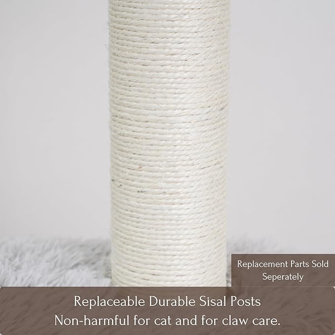Petpals Medium Size Cat Tower with Replaceable Sisal Scratching Posts, Cat Head Shaped Sisal Scratching Pad and 2 Platform Shag Faux Fur View Perchs, for Indoor Cats, Light Grey (Light Grey)