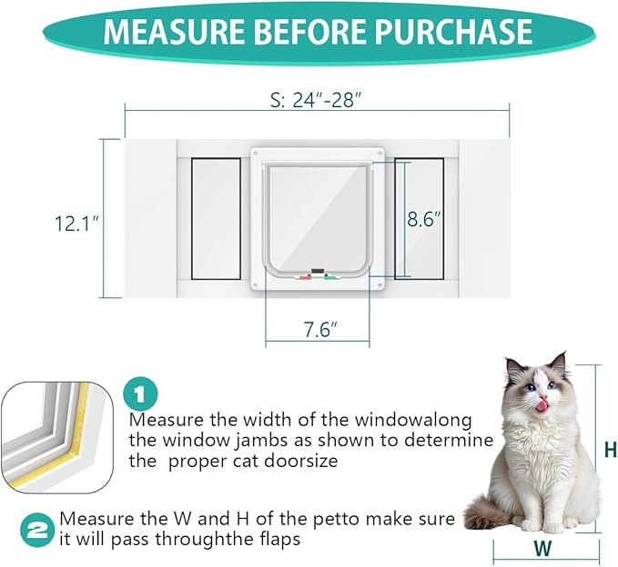 Aluminum Cat Door for Windows - Adjustable to Fit Window Width 24"-28", Quick-Fit Cat Door Window Insert, Magnetic Suction Design, Perfect for Cats