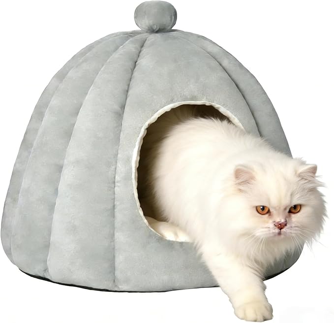 Cat Bed for Indoor Cats - Adorable Cozy Cat Cave with Removable Cushion, Super Soft Pet House Tent for Kittens & Small Pets, Warm & Washable Non-Slip Design(M 17.7 inch, Light Gray)