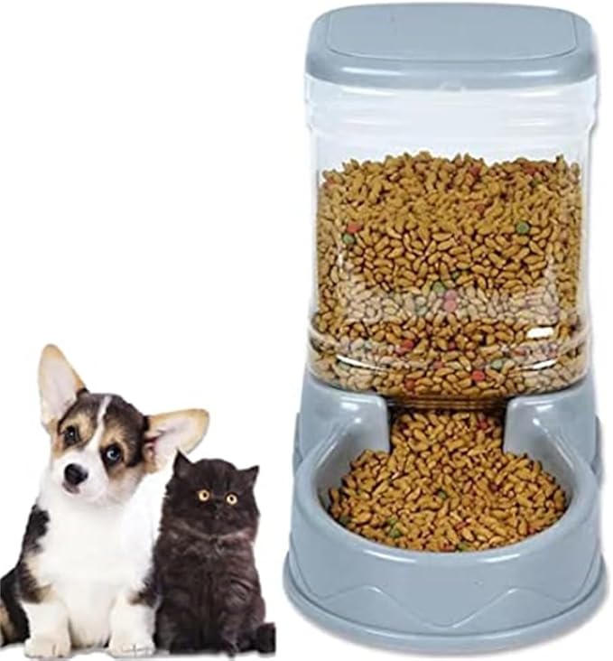Pet Feeding Bowl and Water Dispenser with Refillable Storage Container Self-Dispensing 1 Gallon Large Capacity Cat Feeder, 3.8 Liters Capacity Dog Rabbit Waterer (Grey, for Food)