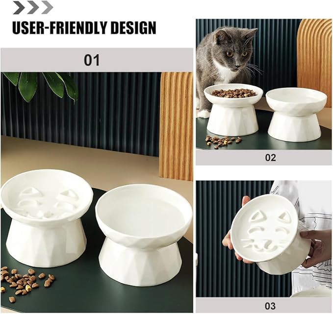 Homoyoyo Raised Ceramic Cat Food Bowl Neck Protection, Elevated Slow Feeder Dish for Kitten Feeding and Watering, Ergonomic Pet Bowl for Cats and Small Dogs
