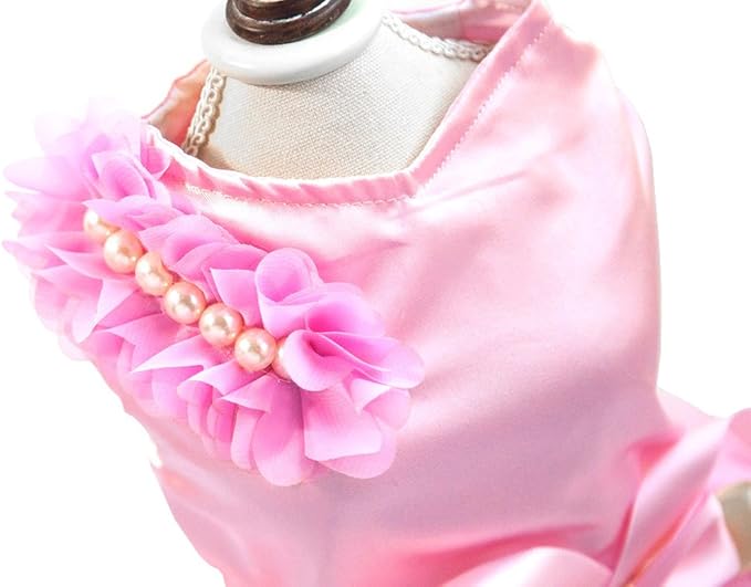 SMALLLEE_Lucky_Store Pet Small Dog Wedding Dress with Bowknot Birthday Party Costume Satin Rose Pearls Girl Formal Dress Cat Tutu Pink, Medium