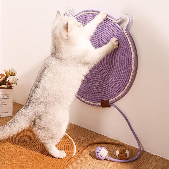 Letalong Cat Scratcher Mat, Natural Cotton Rope Cat Scratch Pad, 15.7'' Round Horizontal Floor Cat Scratching Pads for Indoor Cats, Cat Furniture Protector for Wall, Couch, Carpets, Sofas, Purple